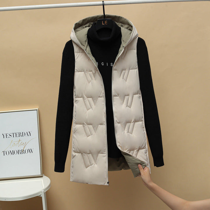 Women’s quilted long padded hooded vest with zip