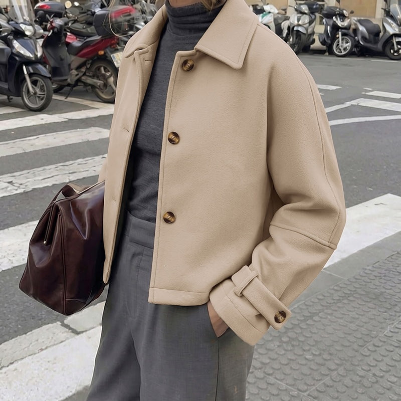 Women Short Cut Wool Blend Boxy Coat with Shirt Collar and Adjustable Cuffs