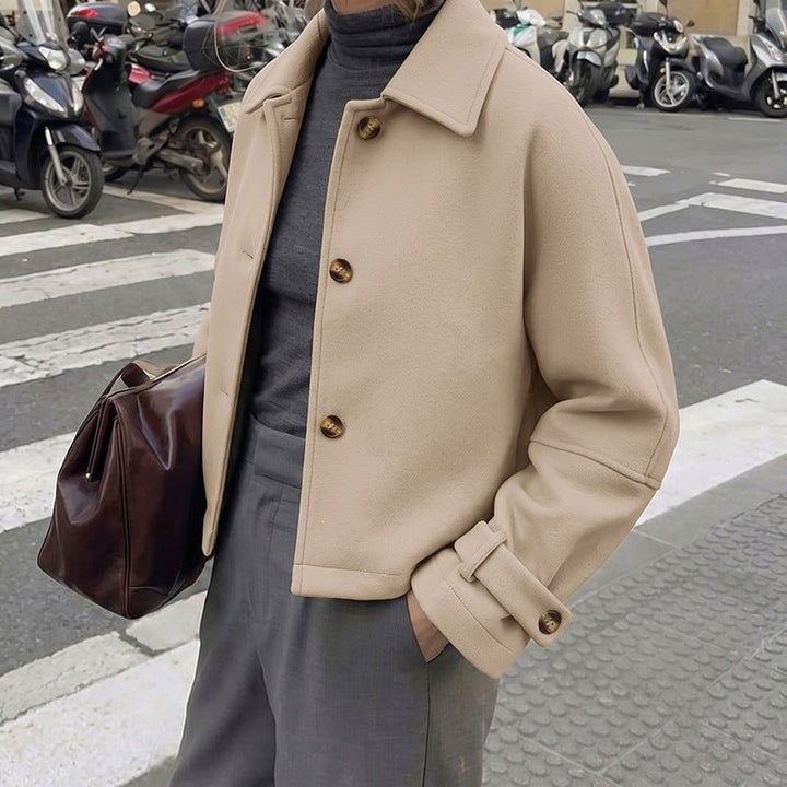 Women Short Cut Wool Blend Boxy Coat with Shirt Collar and Adjustable Cuffs