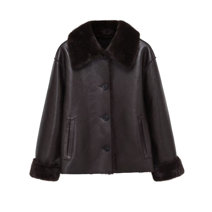 Women Boxy Faux Leather Jacket with Faux Fur Collar, Lambswool Imitation Lining and Button Closure