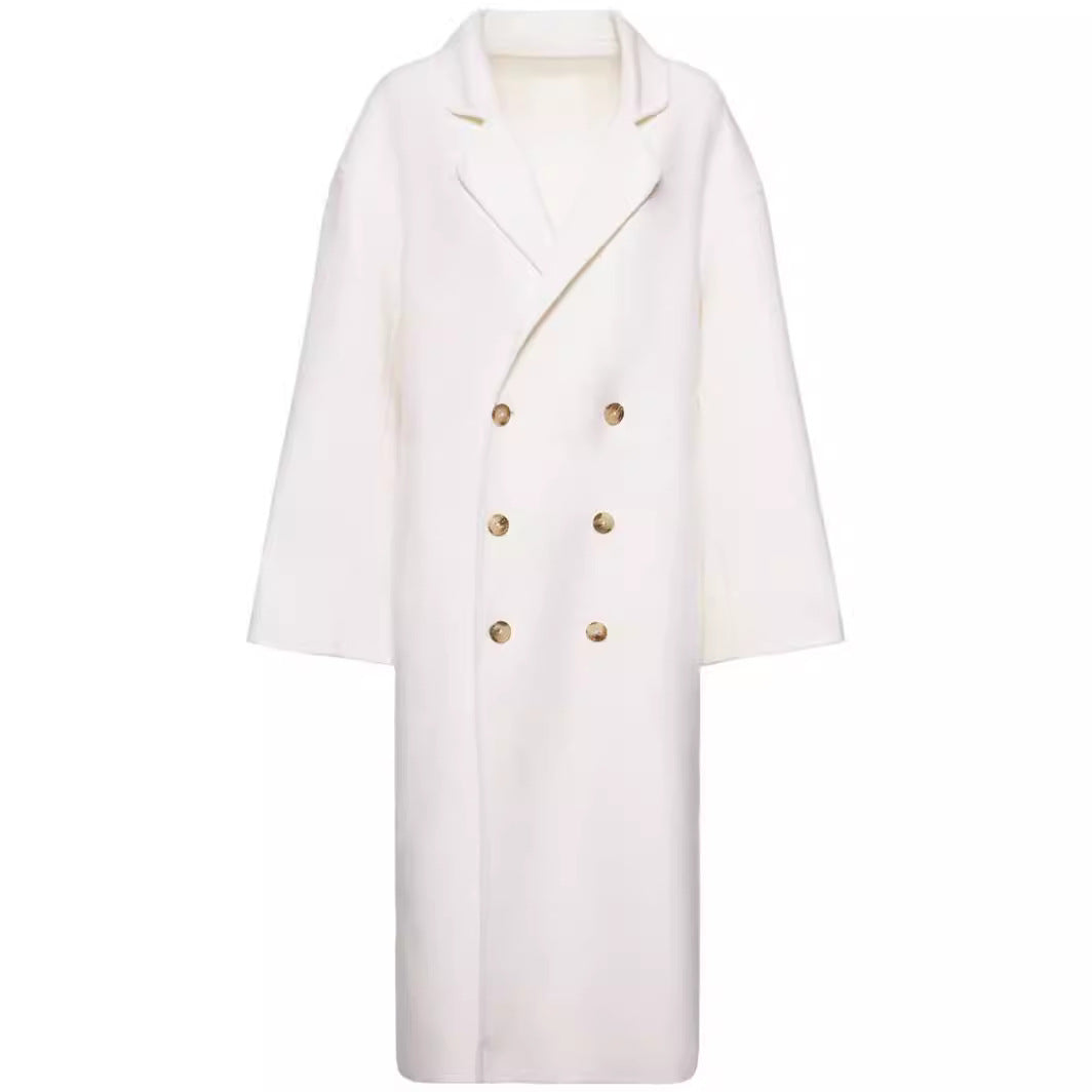 Women Oversize Double-breasted Long Coat with Dropped Shoulder Silhouette and Gold Decorative Buttons