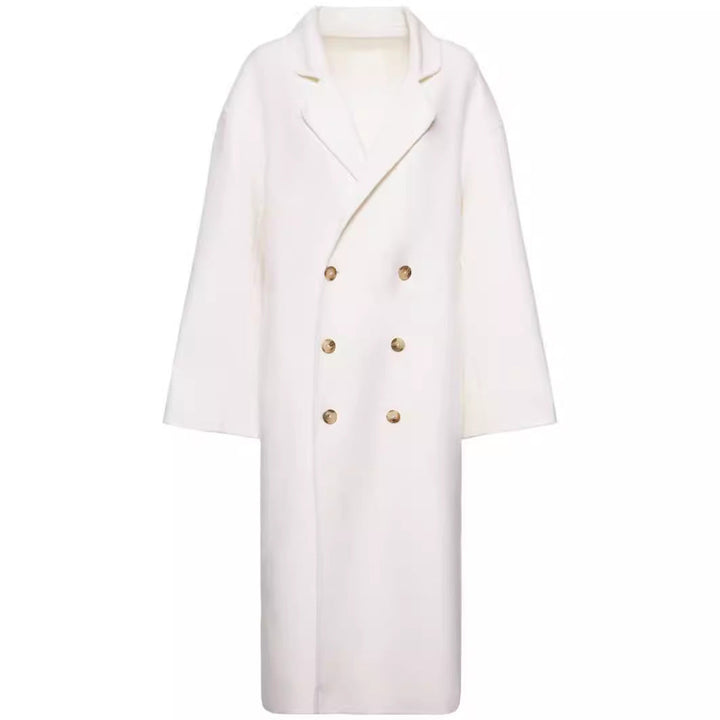 Women Oversize Double-breasted Long Coat with Dropped Shoulder Silhouette and Gold Decorative Buttons