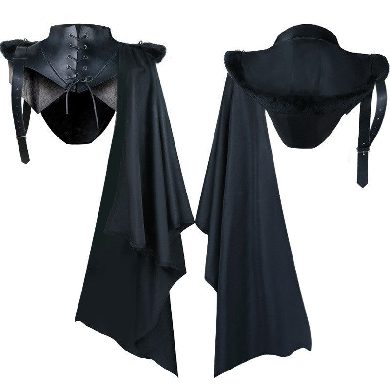 Unisex cape with shoulder plates, laced collar, faux fur trim, adjustable leather straps, and asymmetric train