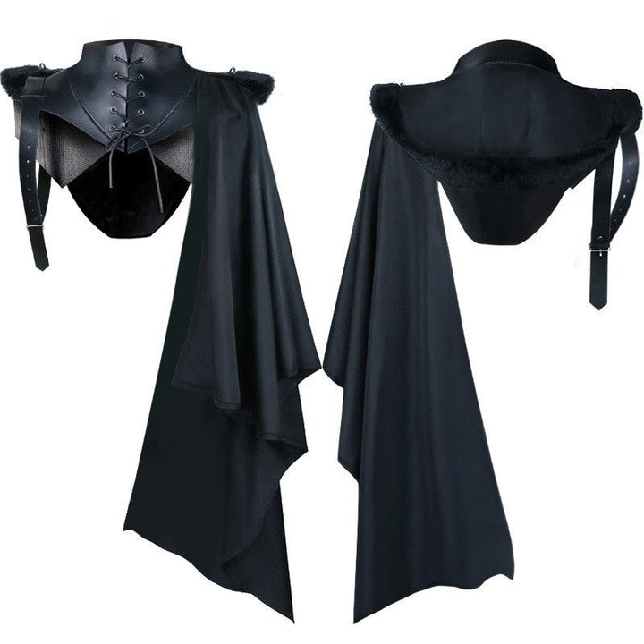 Unisex cape with shoulder plates, laced collar, faux fur trim, adjustable leather straps, and asymmetric train