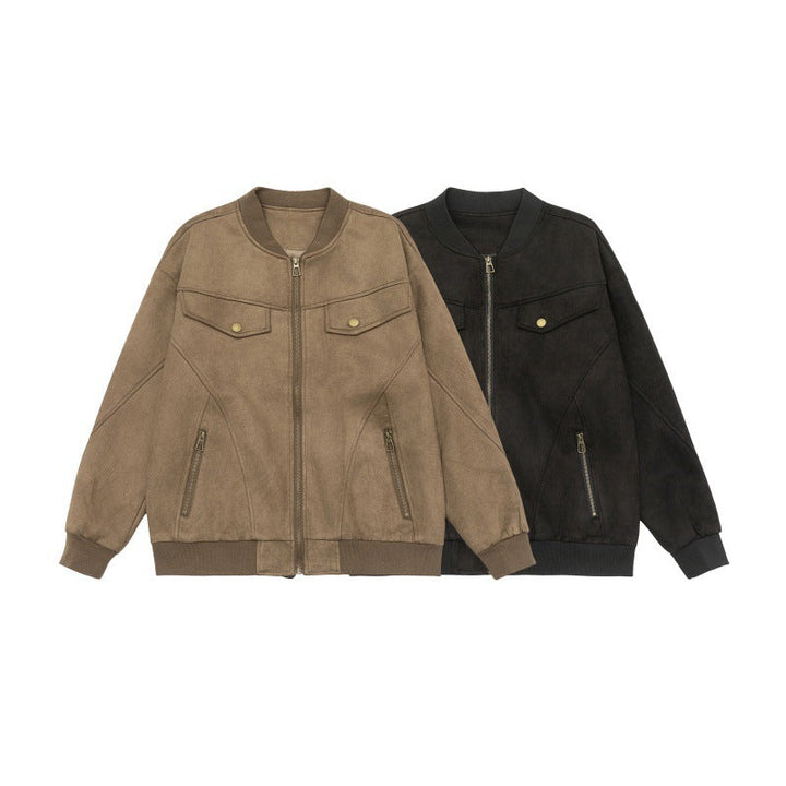 Unisex short jacket in vintage suede look with chest flaps, zip pockets and ribbed cuffs