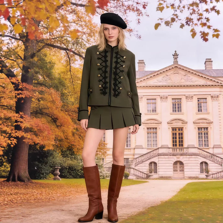 Women’s short military-style jacket with decorative cords and stand-up collar