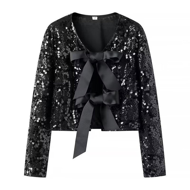 Women’s Short Jacket with Sequin Trim and Decorative Bow Front