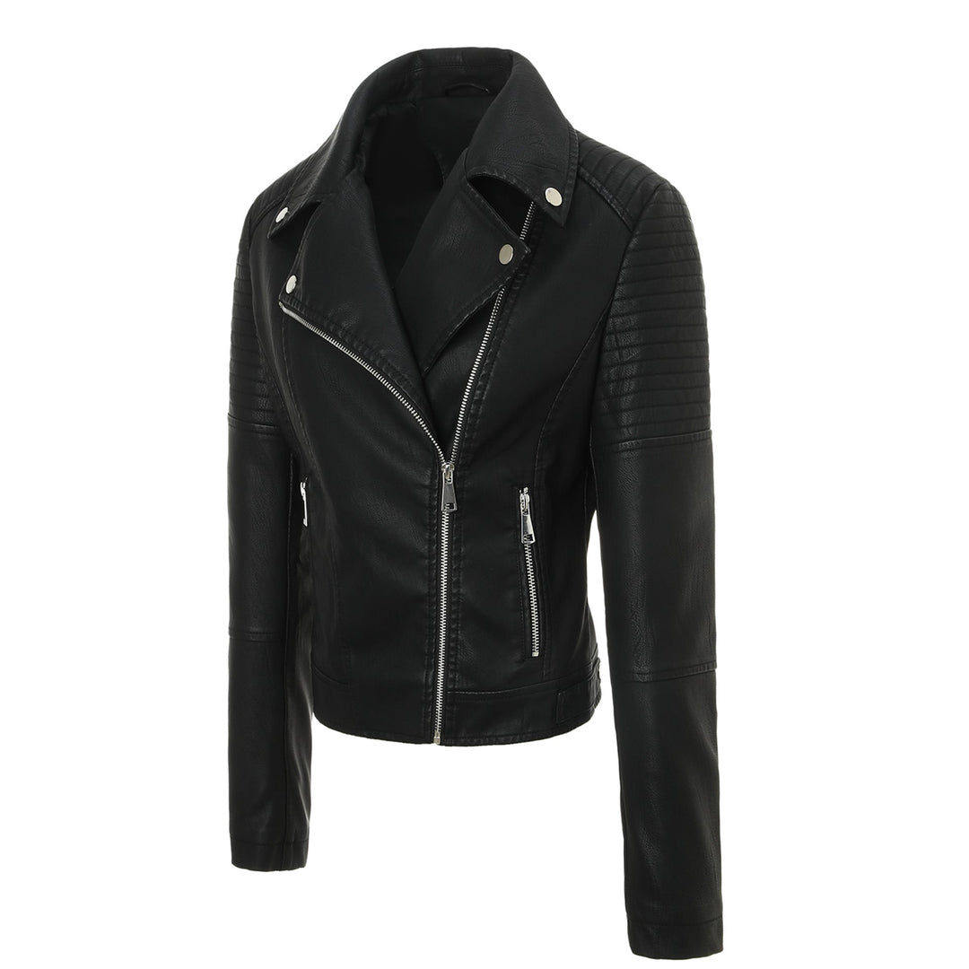 Ladies Tailored Biker Jacket made of Leatherette with Quilted Shoulder Area and Asymmetrical Zip