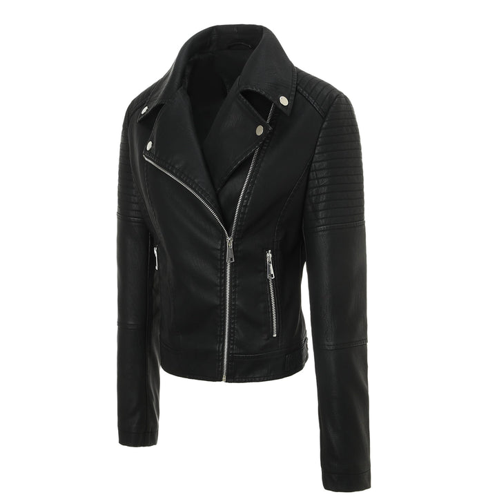 Ladies Tailored Biker Jacket made of Leatherette with Quilted Shoulder Area and Asymmetrical Zip