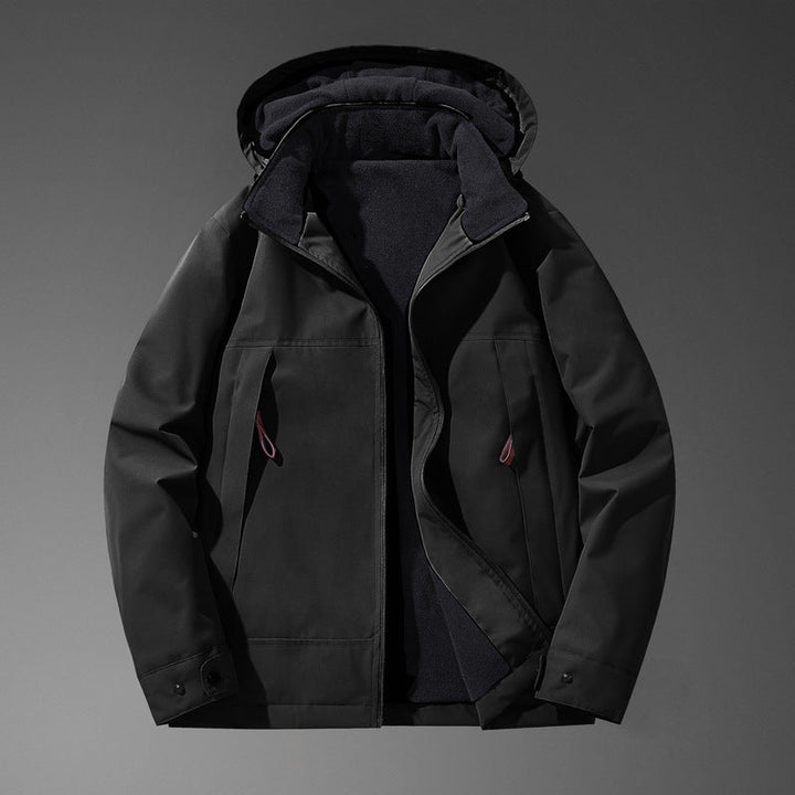 Men Water-resistant Multi-pocket Jacket with Hood and Fleece Lining