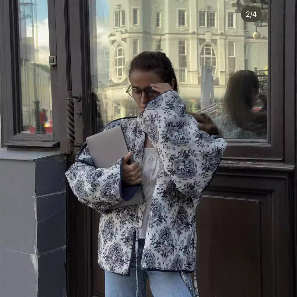 Women padded kimono jacket with waist belt and ornamental print