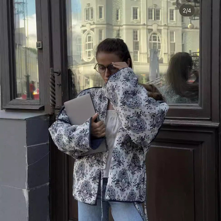 Women padded kimono jacket with waist belt and ornamental print