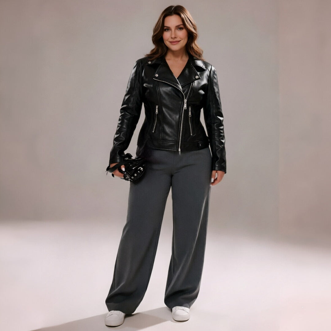 Women Tailored Biker Jacket in Leather Look with Asymmetrical Zip and Decorative Seams