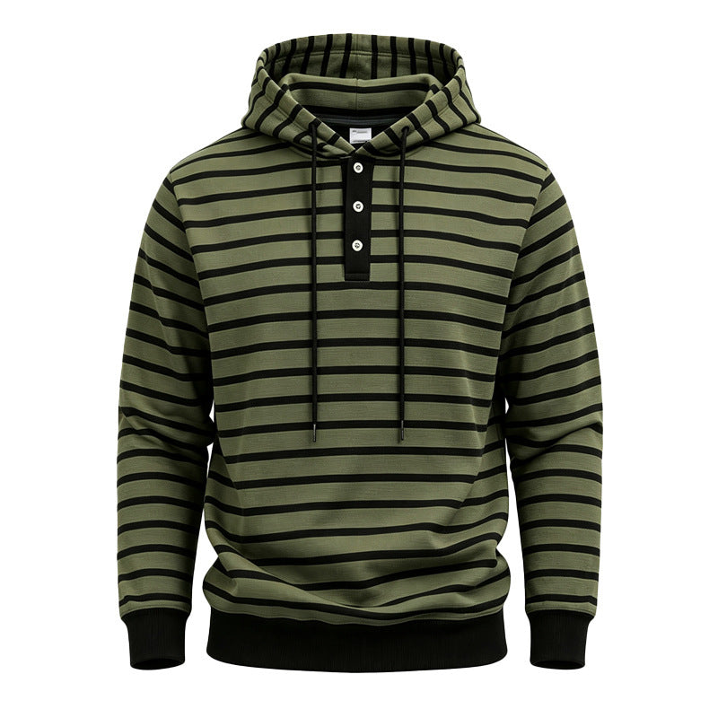 Men Striped Hoodie with Henley Placket, Drawstring and Ribbed Cuffs