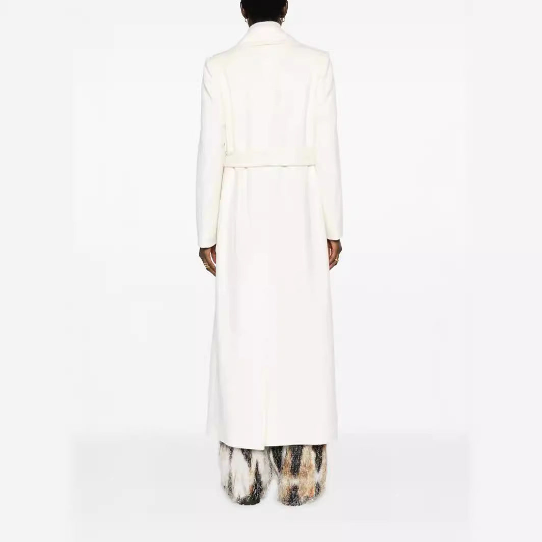 Women’s Maxi-length tailored wool blend coat with belt and wide lapels