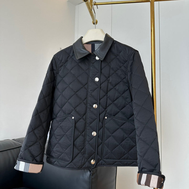 Ladies fashionable quilted jacket with elegant leather collar