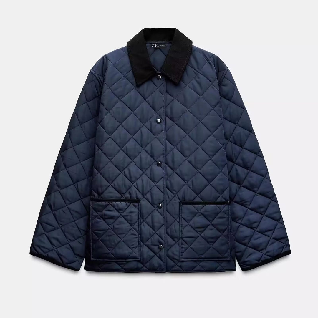 Women Lightweight Quilted Transitional Jacket in Oversized Cocoon with Cord Collar