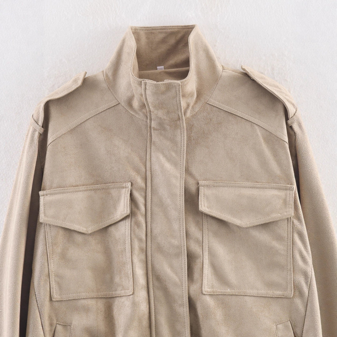 Women’s short jacket in military style with epaulets, patch chest pockets, and elastic hem