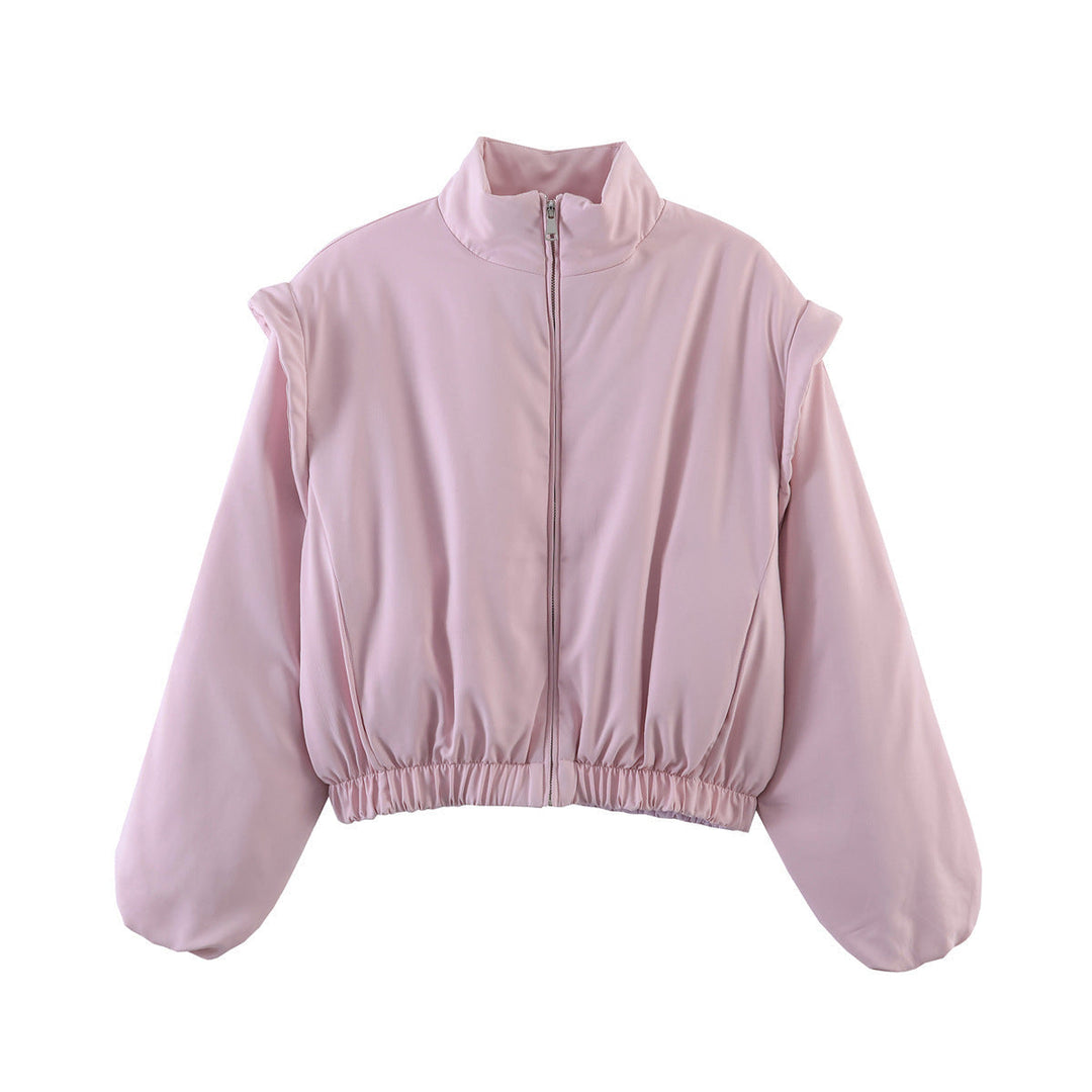 Women Short Cropped Puffer Jacket with Stand-up Collar, Zip, and Elastic Waist