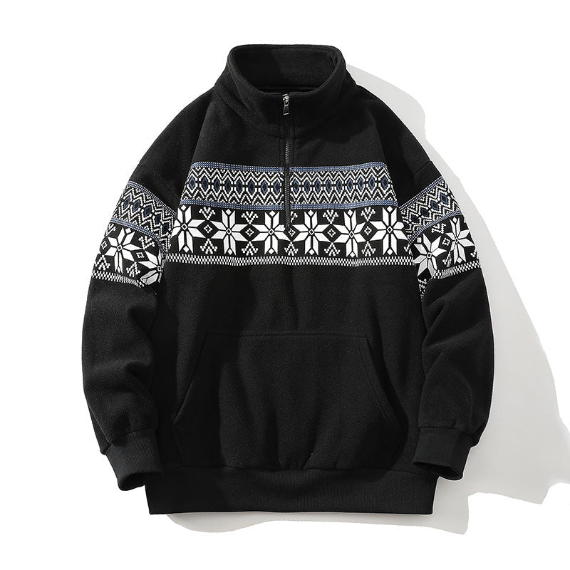 Unisex Norwegian pattern fleece jacket with stand-up collar, all-round zip and drawstring