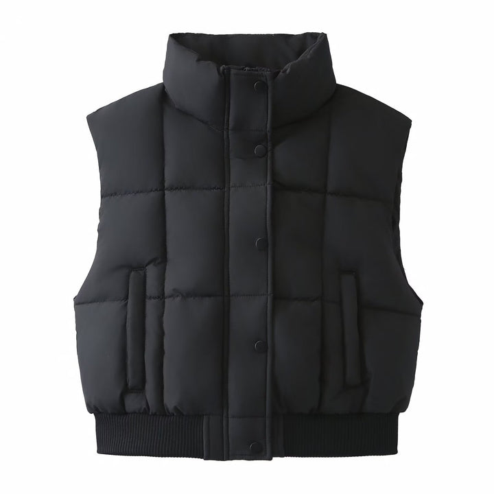 Women Quilted Cropped Puffer Vest with Stand Collar and Ribbed Hem