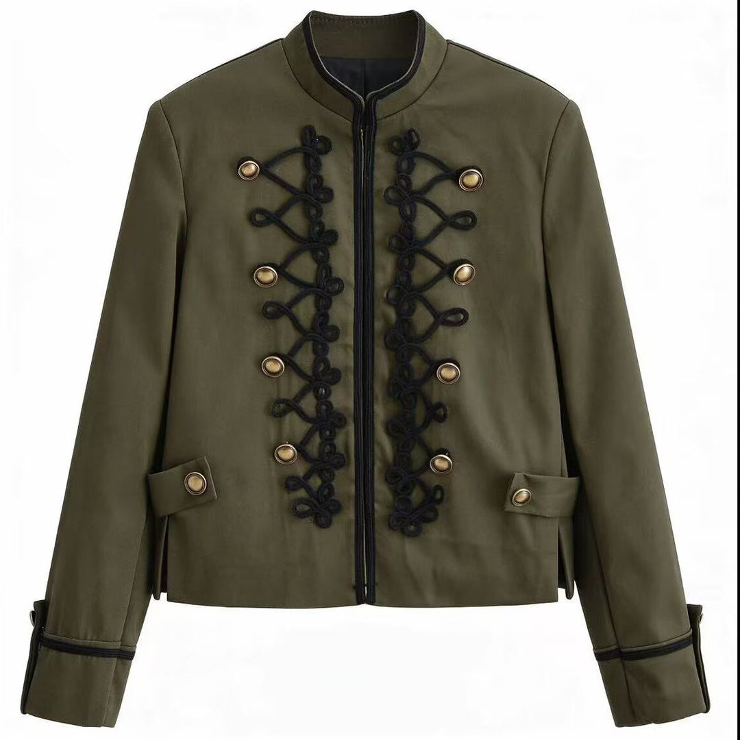 Women’s short military-style jacket with decorative cords and stand-up collar