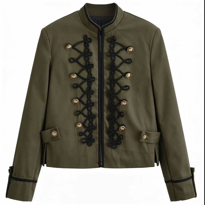 Women’s short military-style jacket with decorative cords and stand-up collar