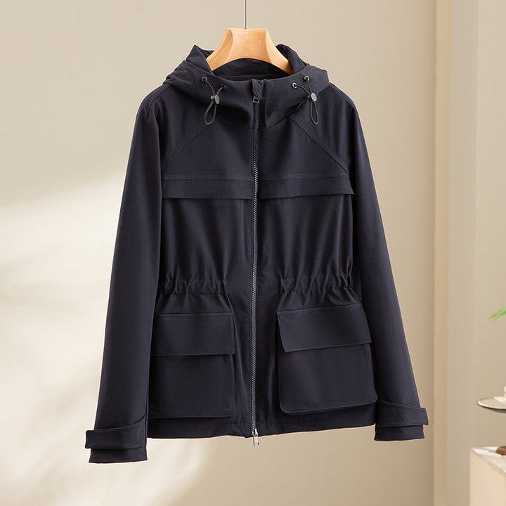 Women Lightweight Functional Utility Jacket with Hood, Drawstring Waist and Patch Flap Pockets