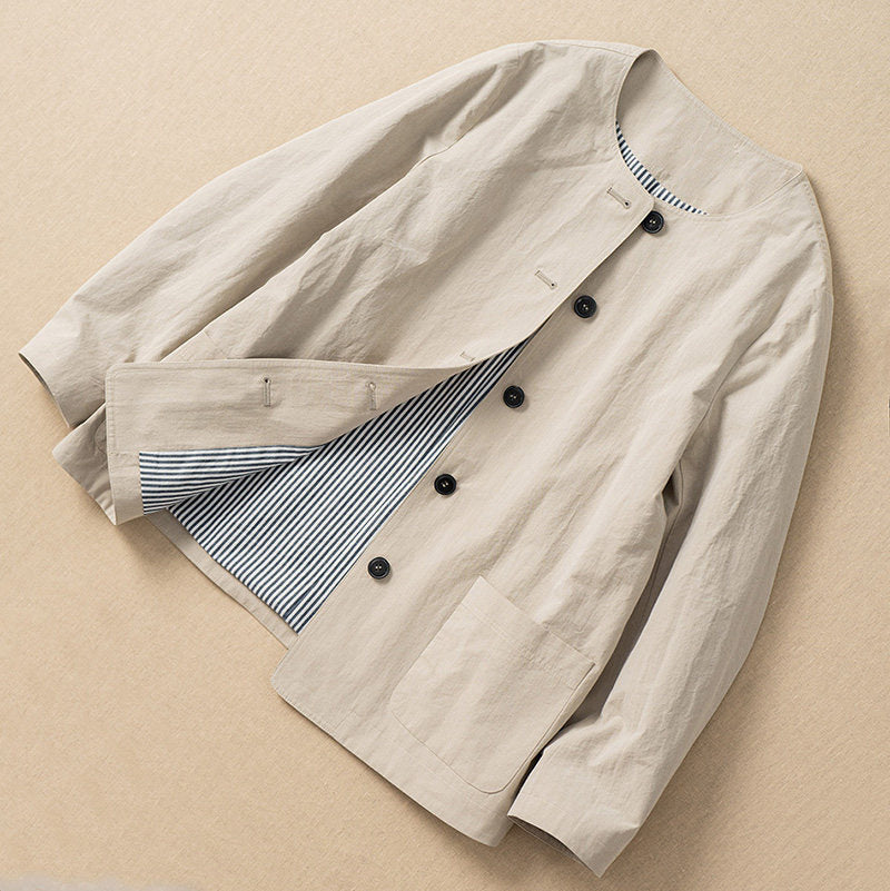 Ladies Fashionable Transitional Jacket with Unique Button Placket
