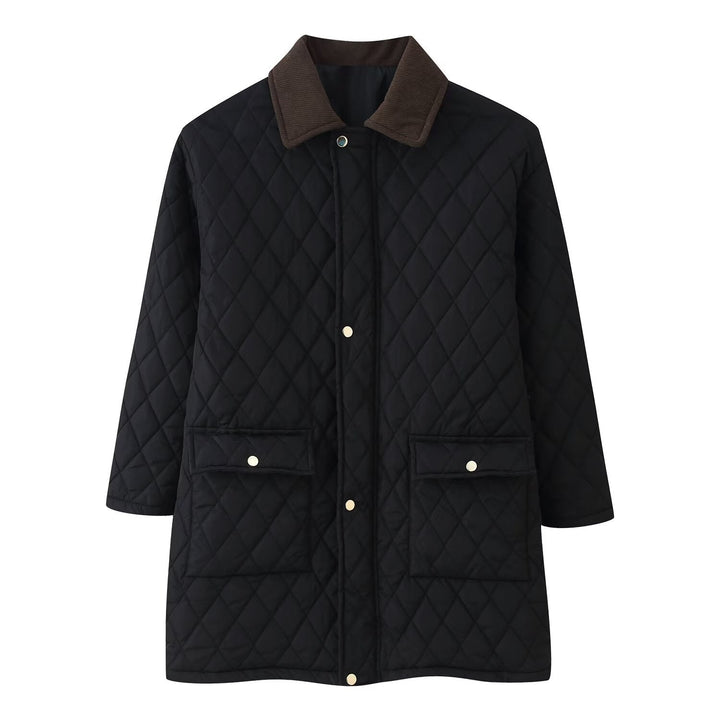 Women’s quilted coat with cord collar, checkered quilting and patch pockets