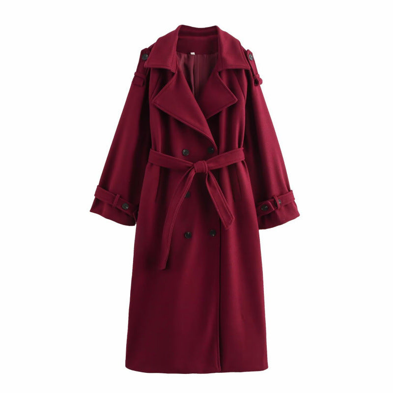 Women’s long double-breasted wool blend trench coat with belt and wide lapels