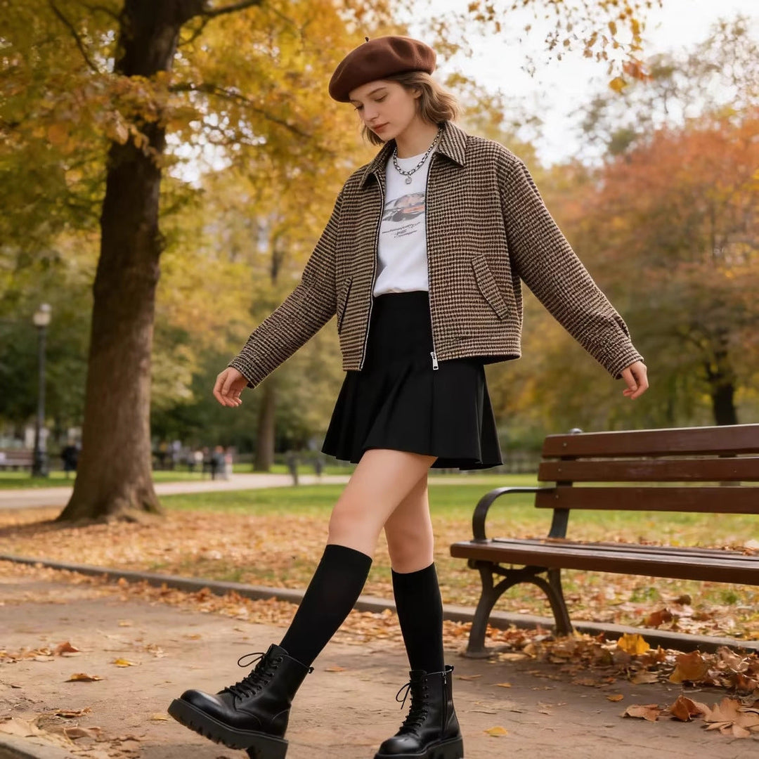 Women Boxy Short Jacket made of Wool Blend with Houndstooth Pattern, Zip and Shirt Collar