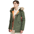 Men's expedition parka with detachable faux fur hood, thermal padding, and sleeve organizer