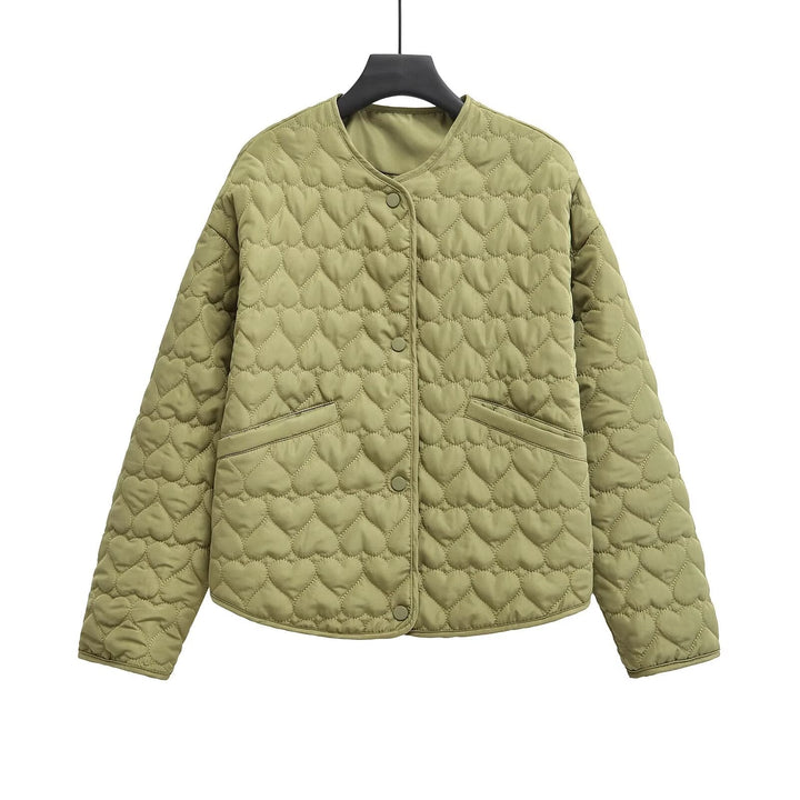 Women 100+ quilted short jacket with heart quilting, round neckline and snap buttons