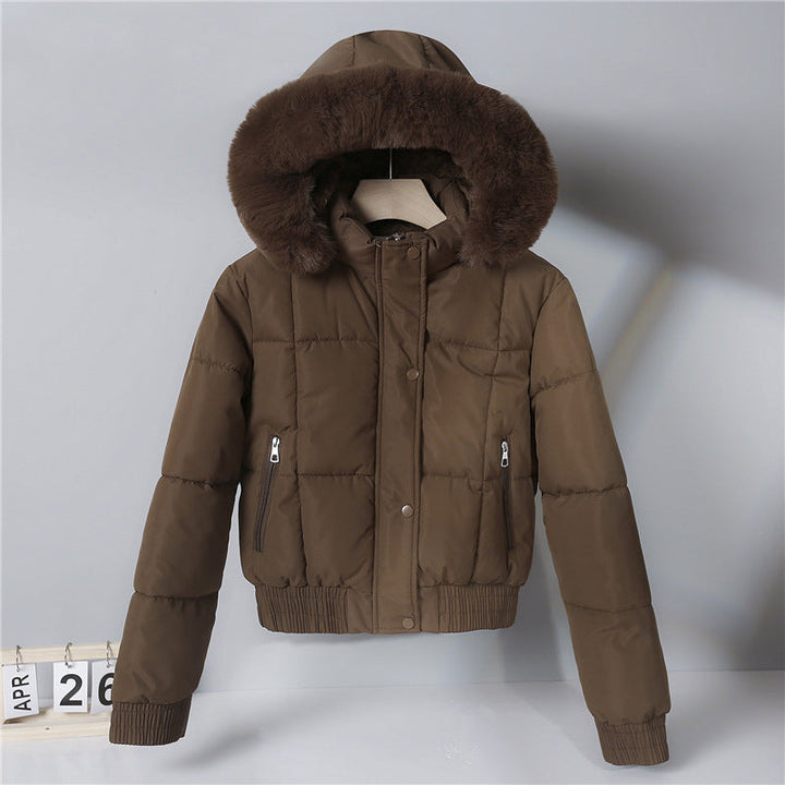 Ladies nan padded short jacket in blouson style with hood and cosy faux fur trim