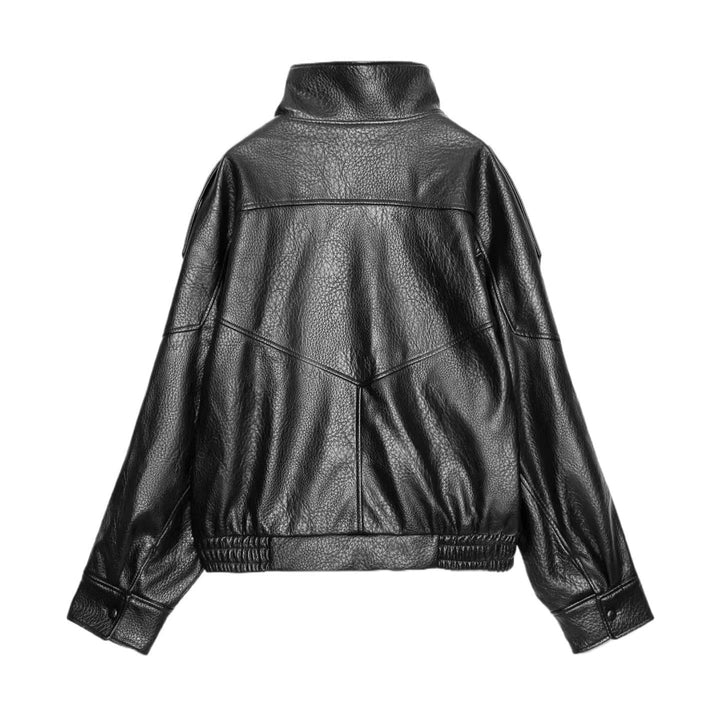 Ladies leather jacket with high stand-up collar and asymmetrical snap button placket