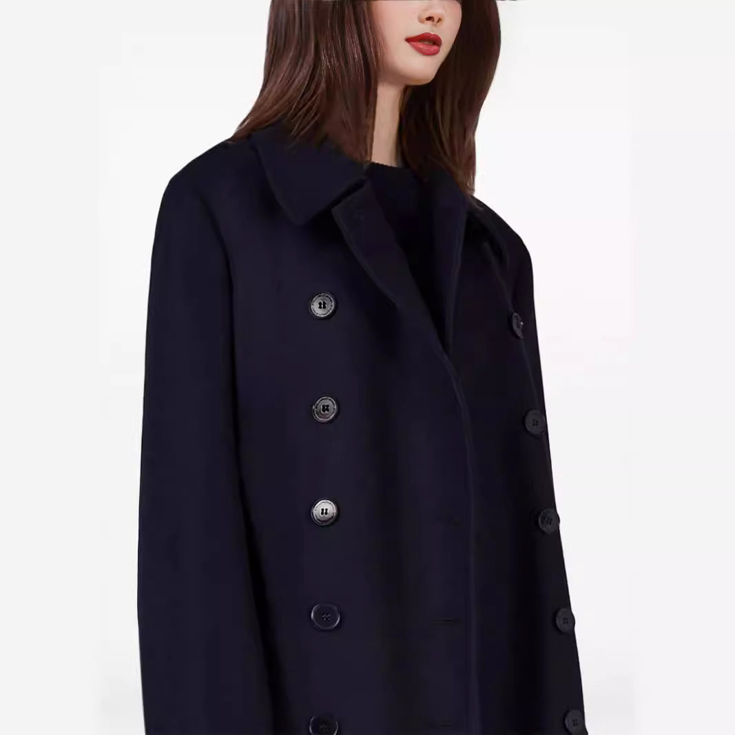 Women’s maximal long double-breasted wool coat with loose oversized fit