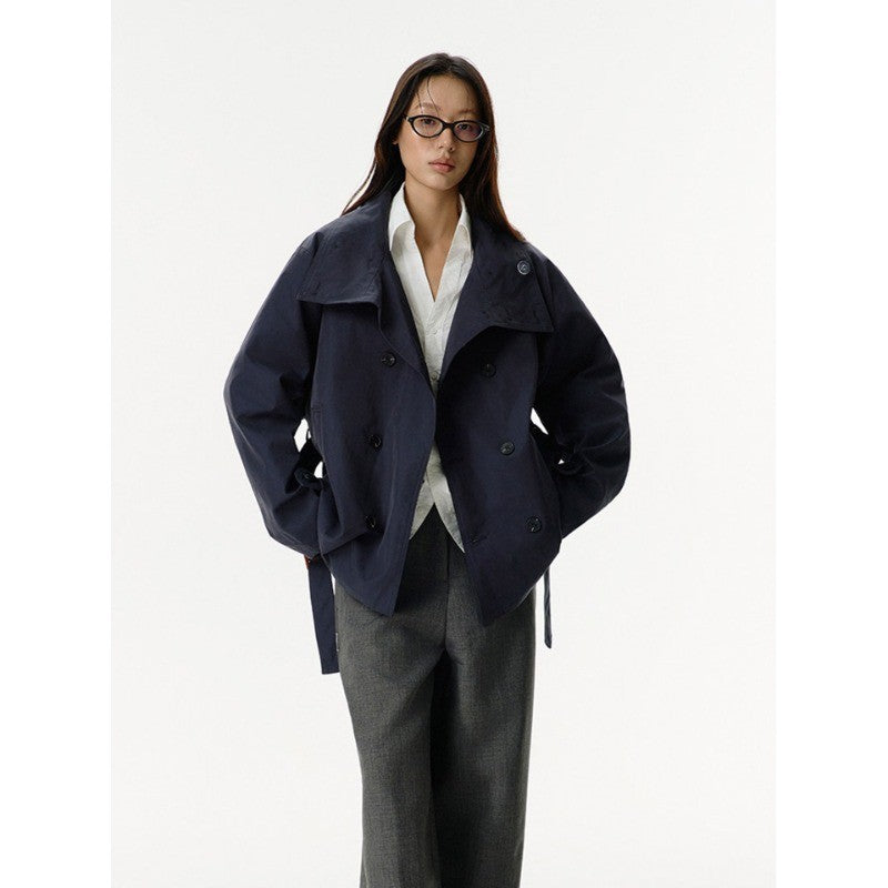 Women Short Jacket in Trench Style with Double-Breasted Button Placket, Waist Belt, and Stand-Up Collar