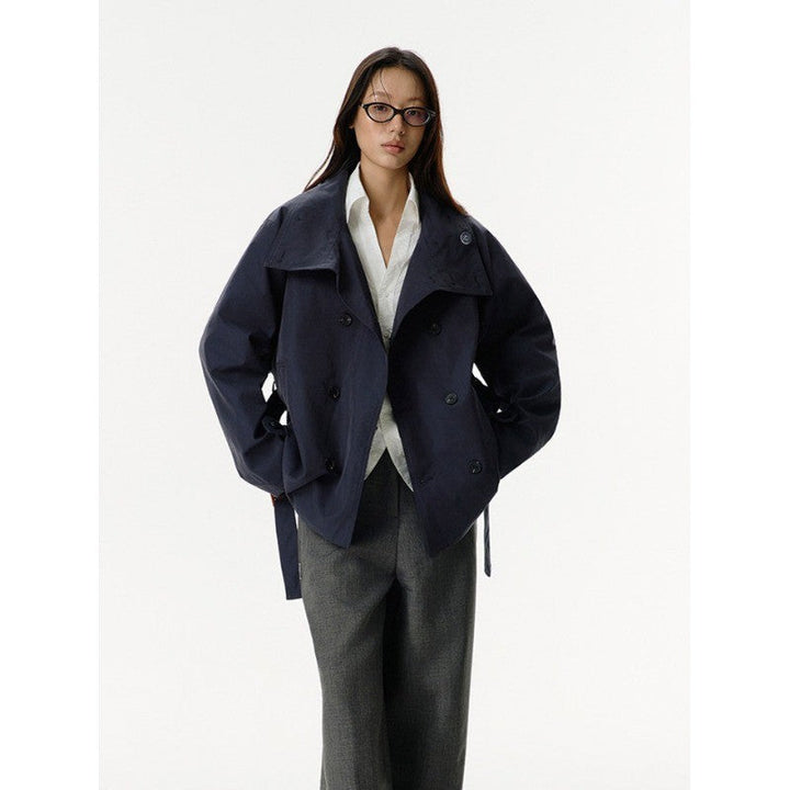 Women Short Jacket in Trench Style with Double-Breasted Button Placket, Waist Belt, and Stand-Up Collar