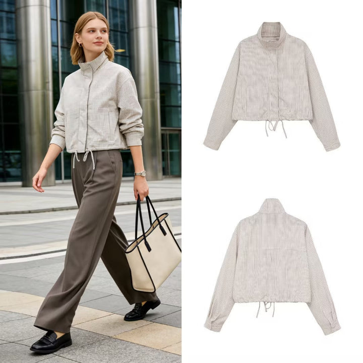 Women Cropped Checked Transitional Jacket with High Collar and Drawstring