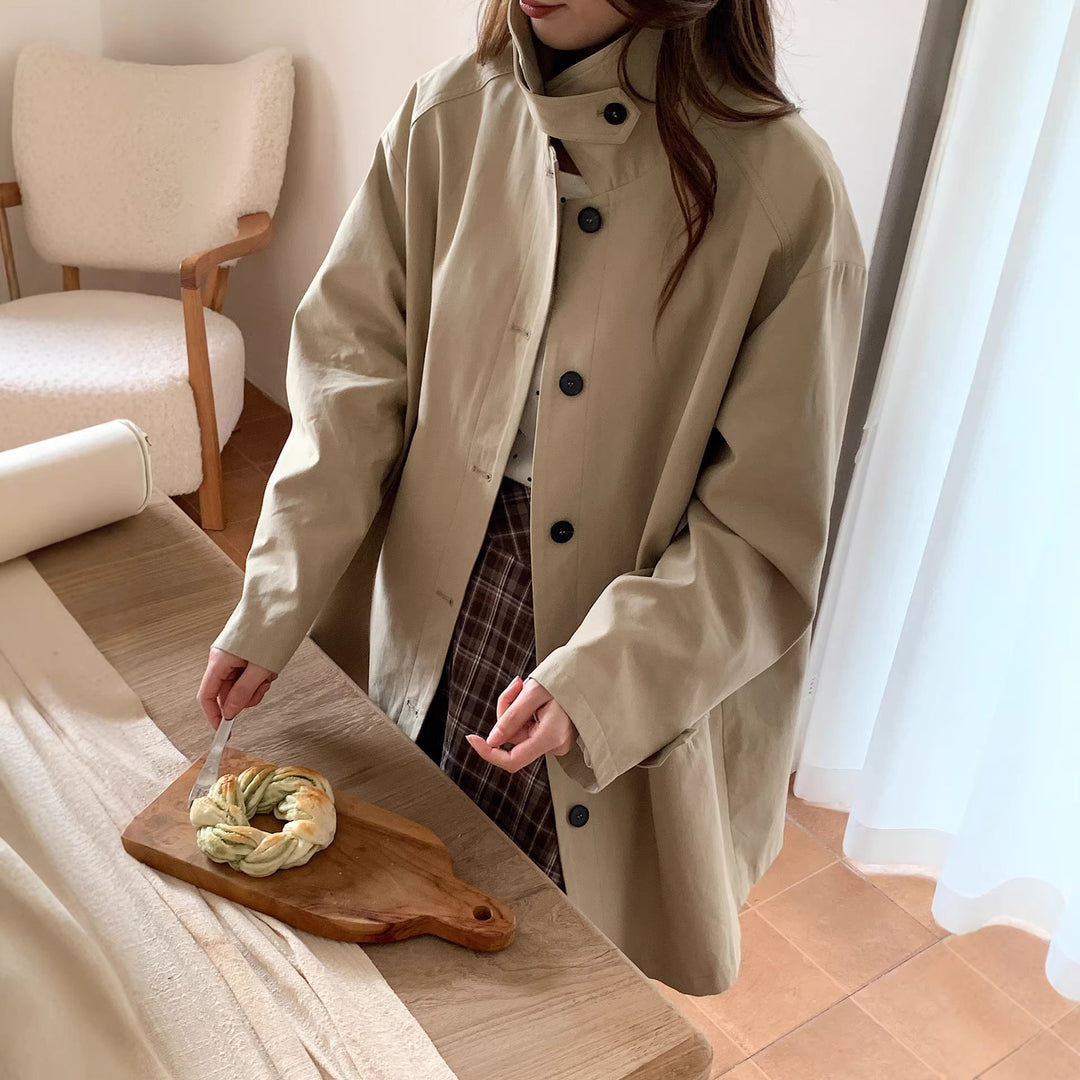 Women Boxy Short Coat with High Stand Collar Visible Button Closure and Side Pockets