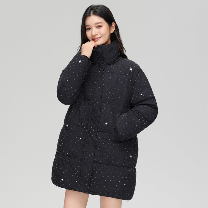 Women’s mid-length quilted short coat with high stand-up collar, subtle glitter quilting, and light thermal insulation