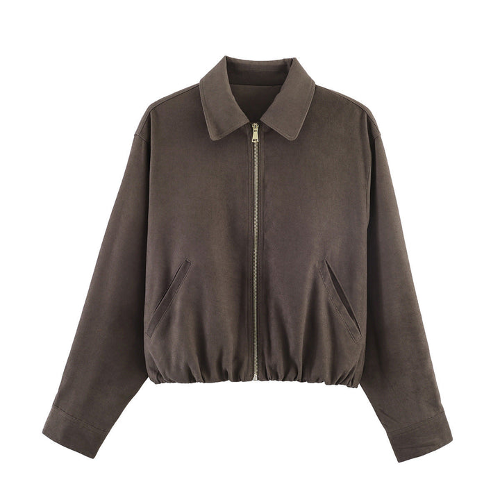 Women’s short-cut suede look bomber jacket with zip, elastic hem and diagonal side pockets