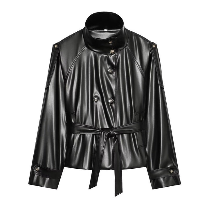 Women tailored faux leather jacket with stand-up collar, tie belt and double-breasted button placket