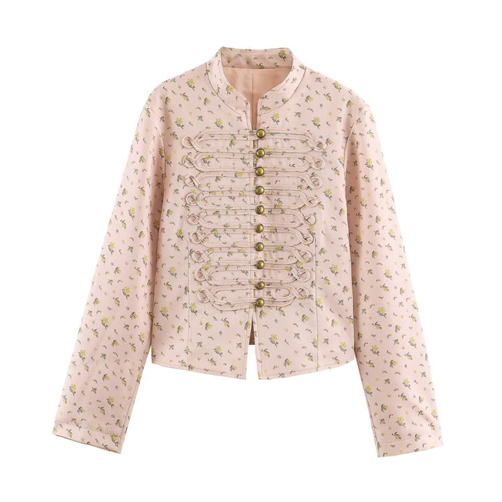 Women Cropped Satin Jacket in Military Style with Decorative Frog Trim