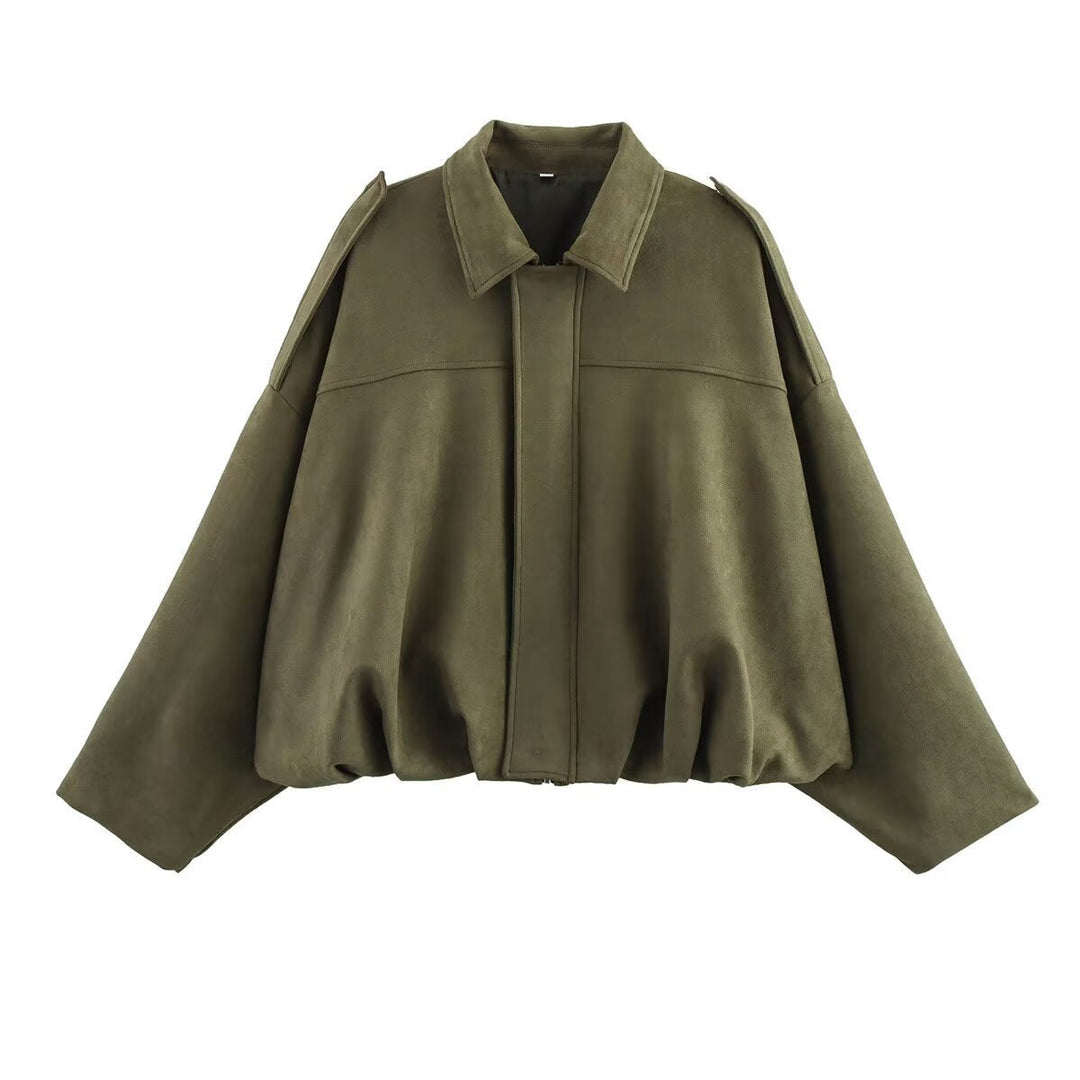 Women short cut oversized suede jacket with shoulder flaps and elastic hem