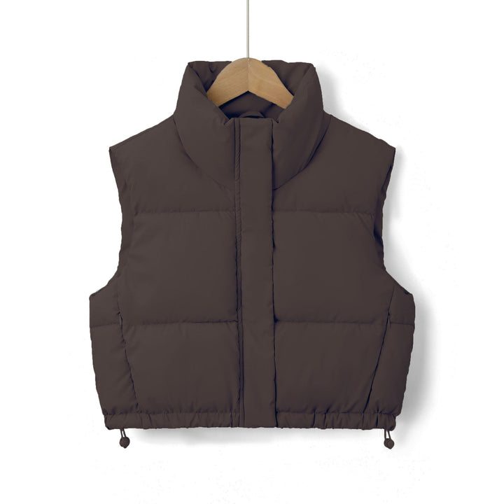 Women Padded Quilted Vest with High Stand-Up Collar and Drawstring