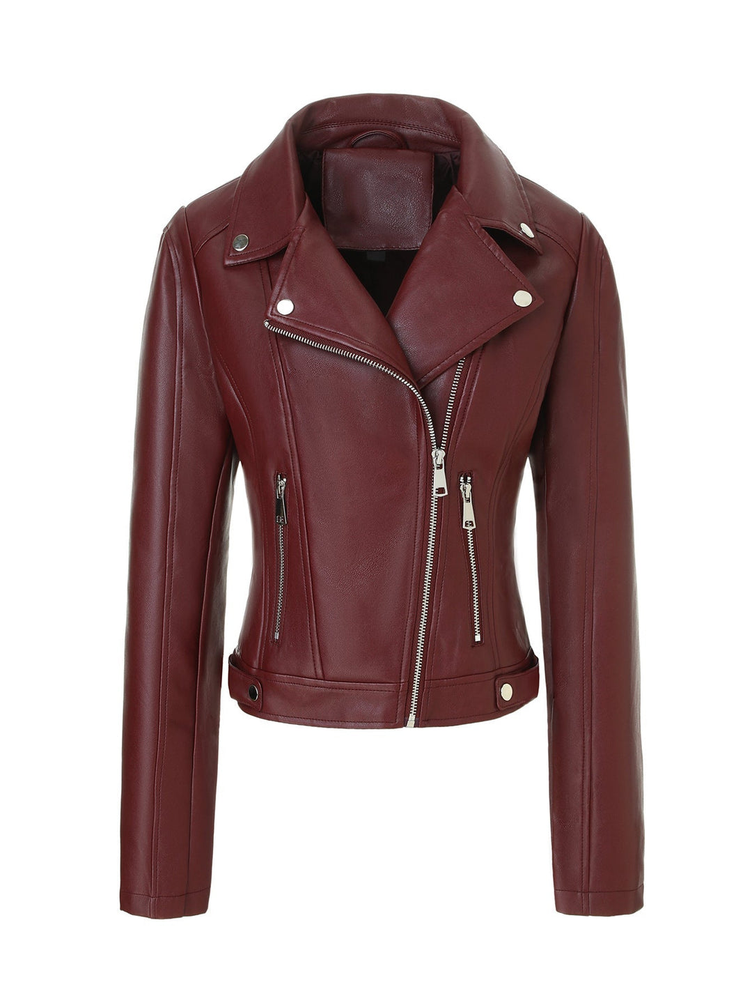Women short fitted biker jacket made of Nappa leather with asymmetrical zip