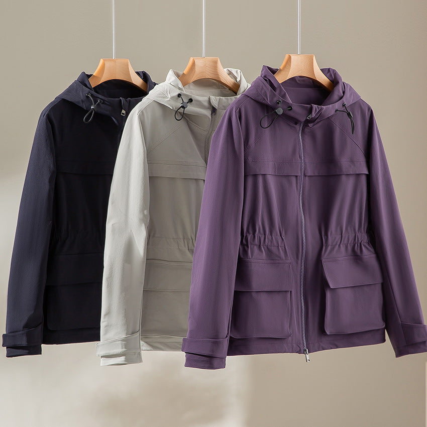 Women Lightweight Functional Utility Jacket with Hood, Drawstring Waist and Patch Flap Pockets