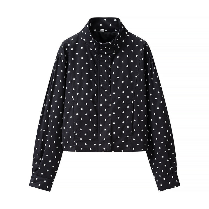 Women Polka Dot Short Jacket with Stand Collar and Concealed Snap Button Placket